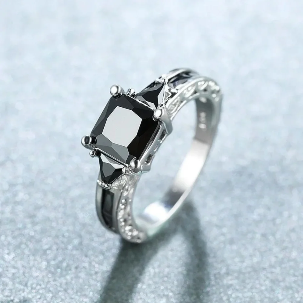 Delicate Silver Color Trendy Ring Black Zircon Stones Wedding Engagement Jewelry - Picture 2 of 4
